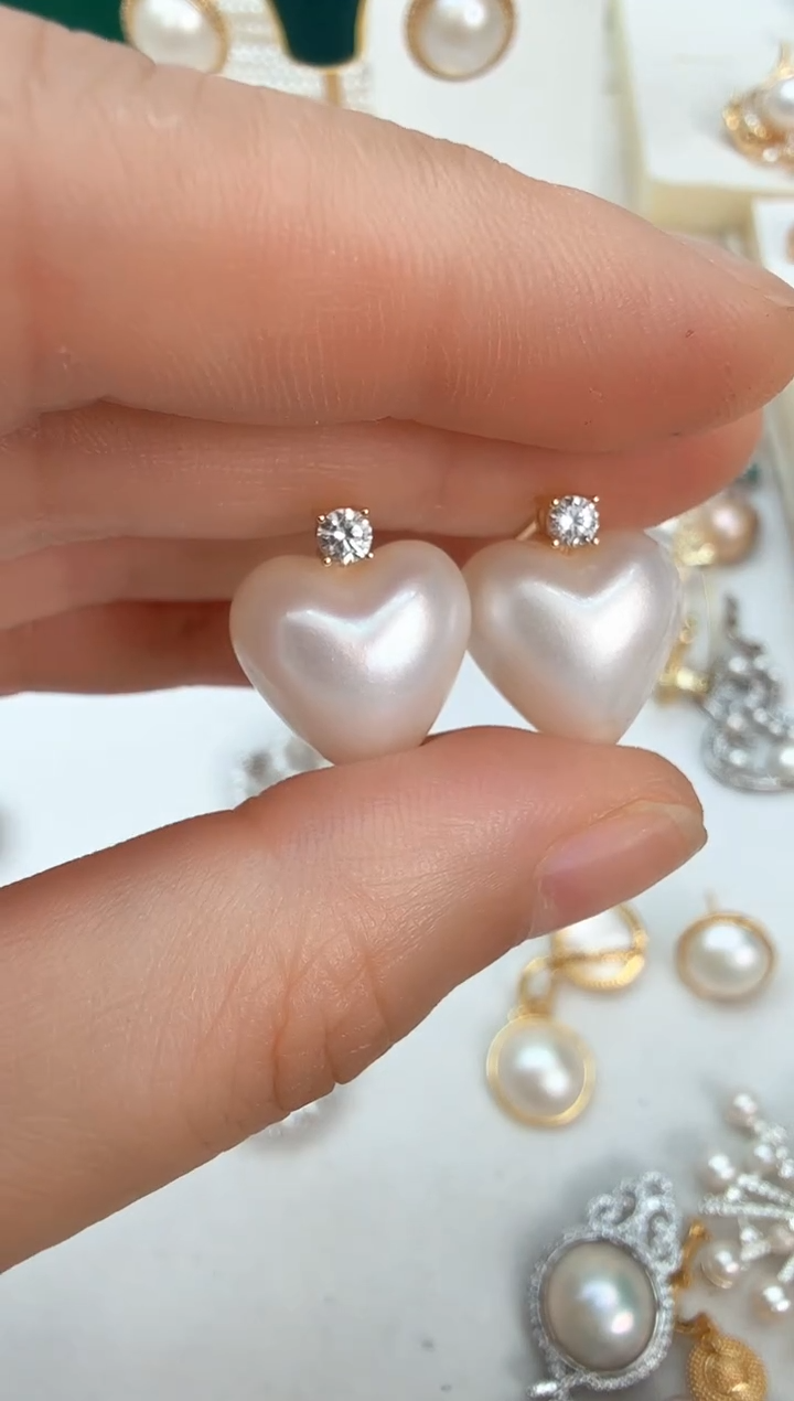 耳饰拼合珍珠（马贝珠）银S925镶嵌白色心形