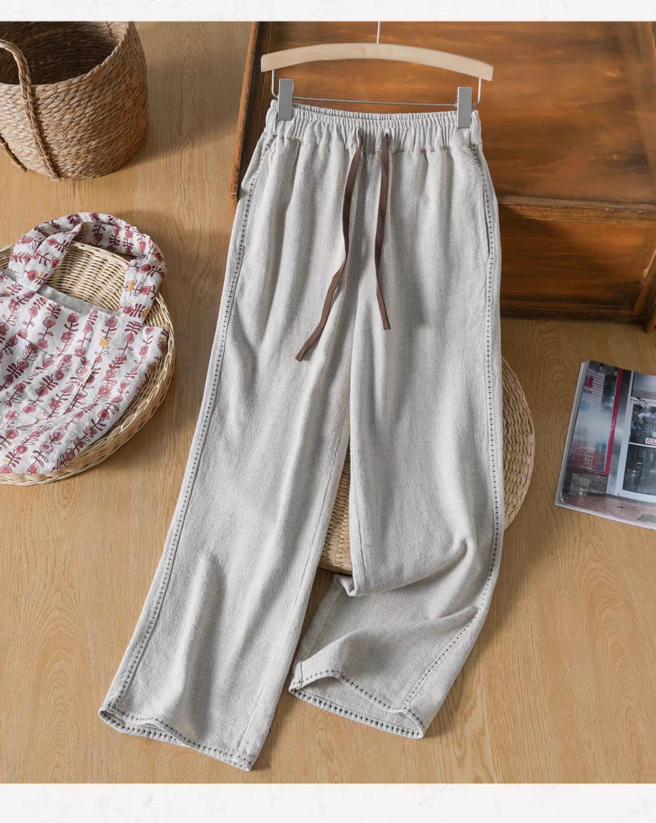 【质朴】5支原生汉麻休闲阔腿裤女松紧腰文艺复古宽松WH-41202
