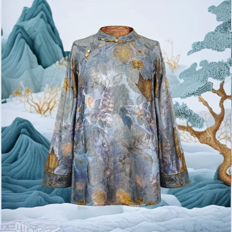 TT 2025年春夏新款国风新中式蓝牡丹金枫叶立领上衣24ZH843M