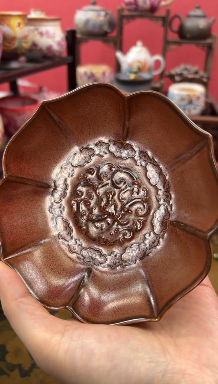 【闪购商品】红金釉祥龙果盘果蝶