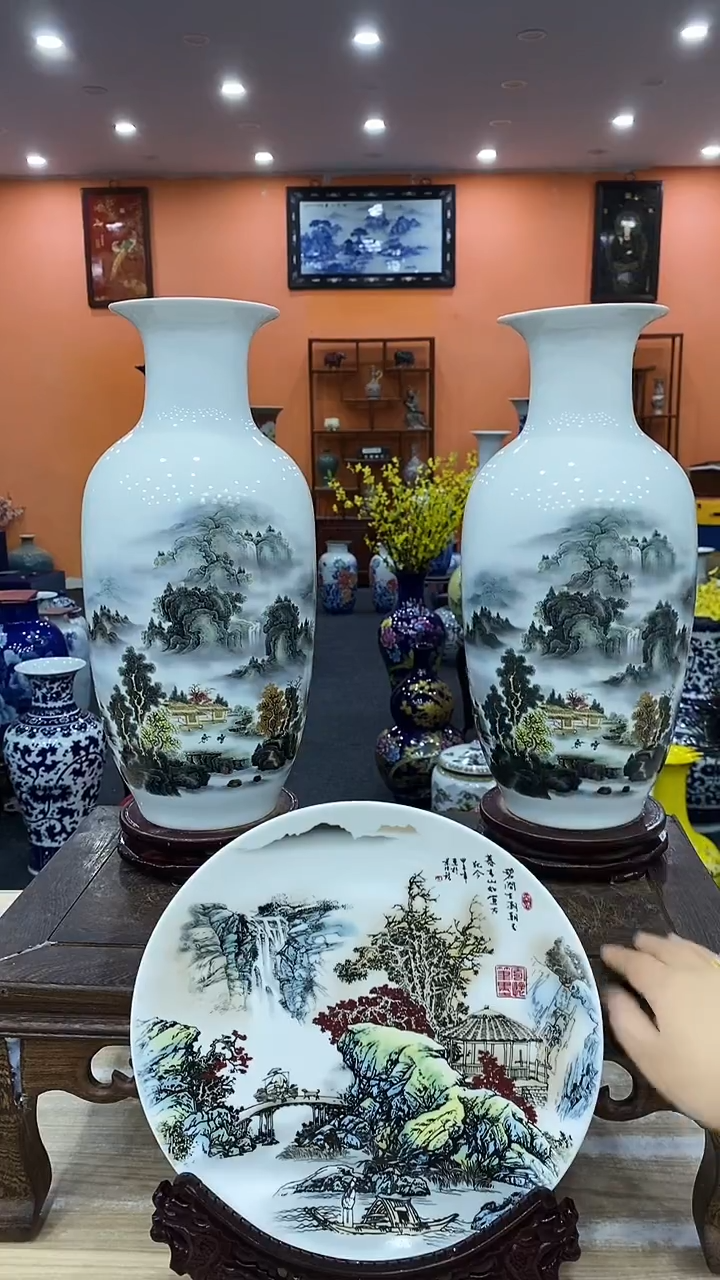摆件2个深谷幽隐冬瓜瓶+1个碧涧盘+龙头架+旋转底座