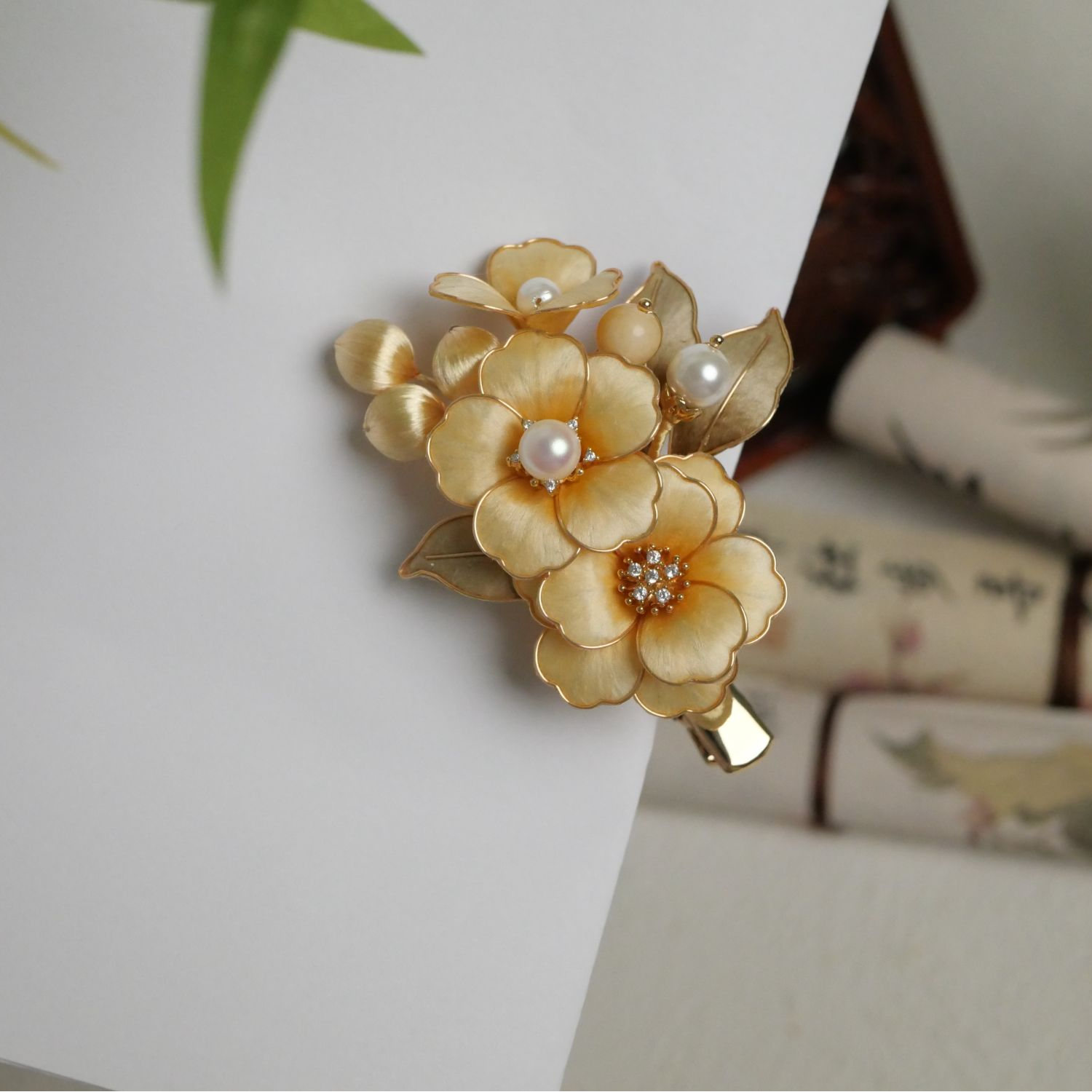 《藤生》非遗掐丝暖黄木色牡丹花   掐丝绒花牡丹发夹