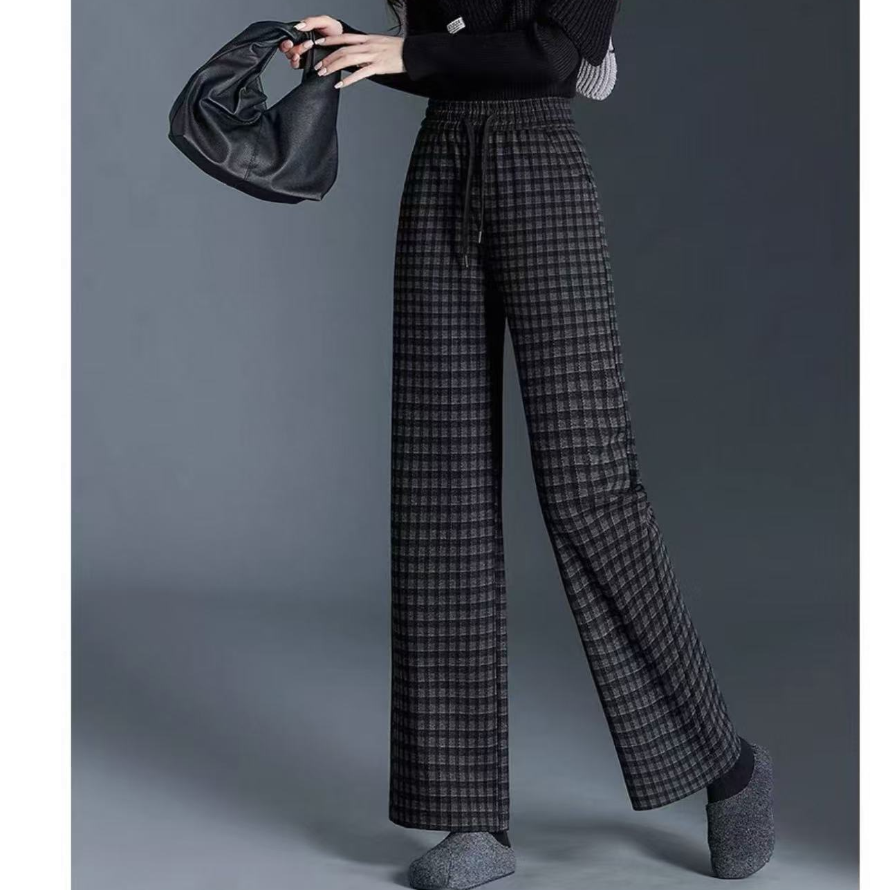 秋冬新款加绒毛呢格子休闲裤松紧腰直筒裤显瘦女裤子2529裤长98