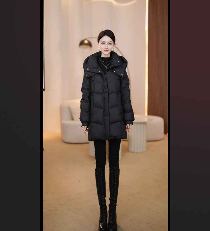 朗曼笛一手长羽绒服女通勤连帽中长款鸭绒外套2025冬新款百搭上衣