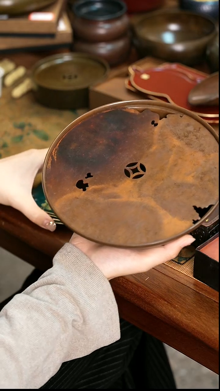 铜铜币镂空紫铜茶盘