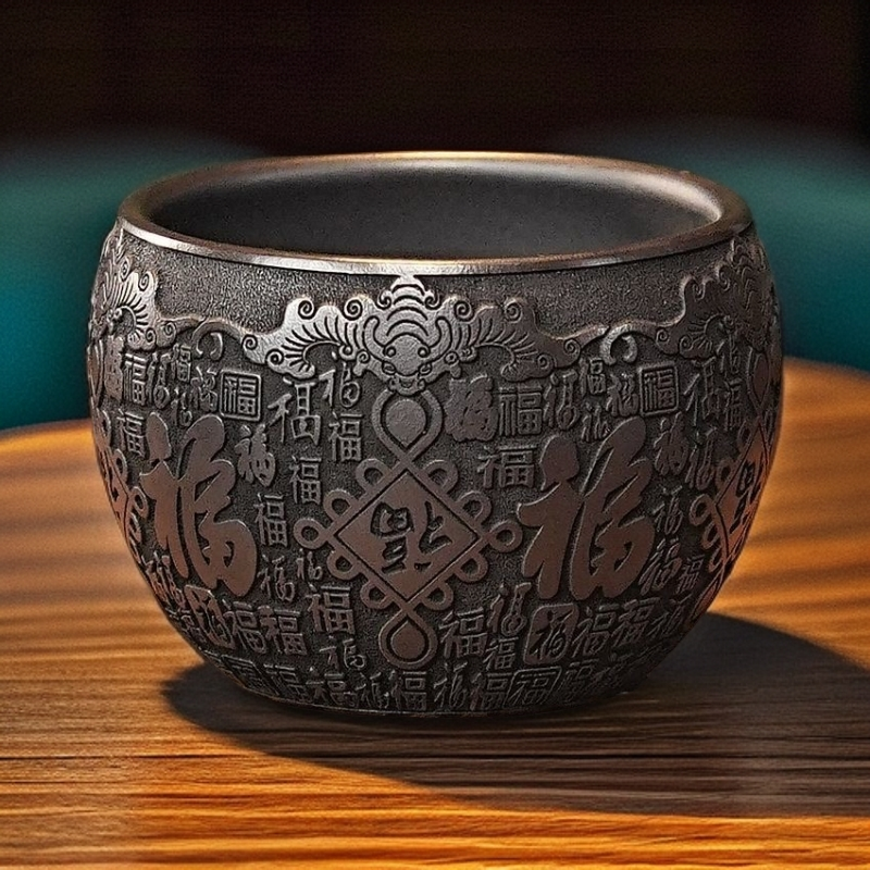 宜兴全手工紫砂茶具原矿石黄泥料刻绘满福主人杯品茗杯紫砂杯茶杯