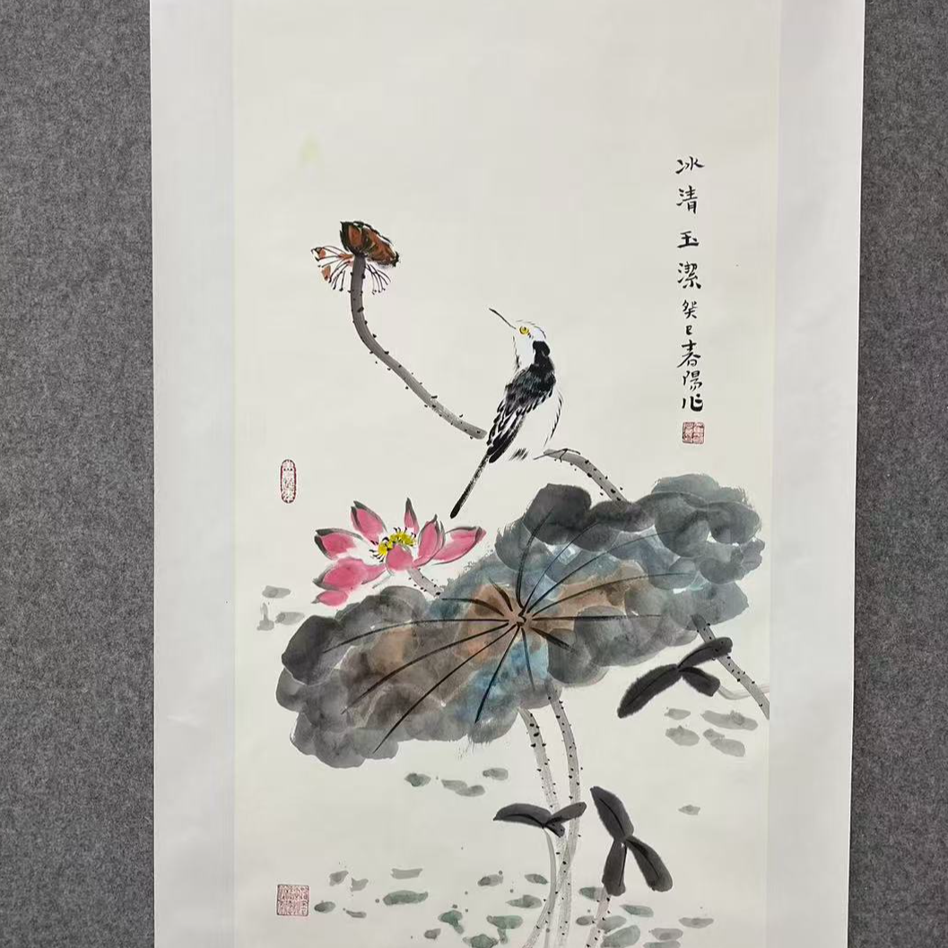 六平尺画-荷花+单鸟-定金-（定金不退）-HCY-嘉福