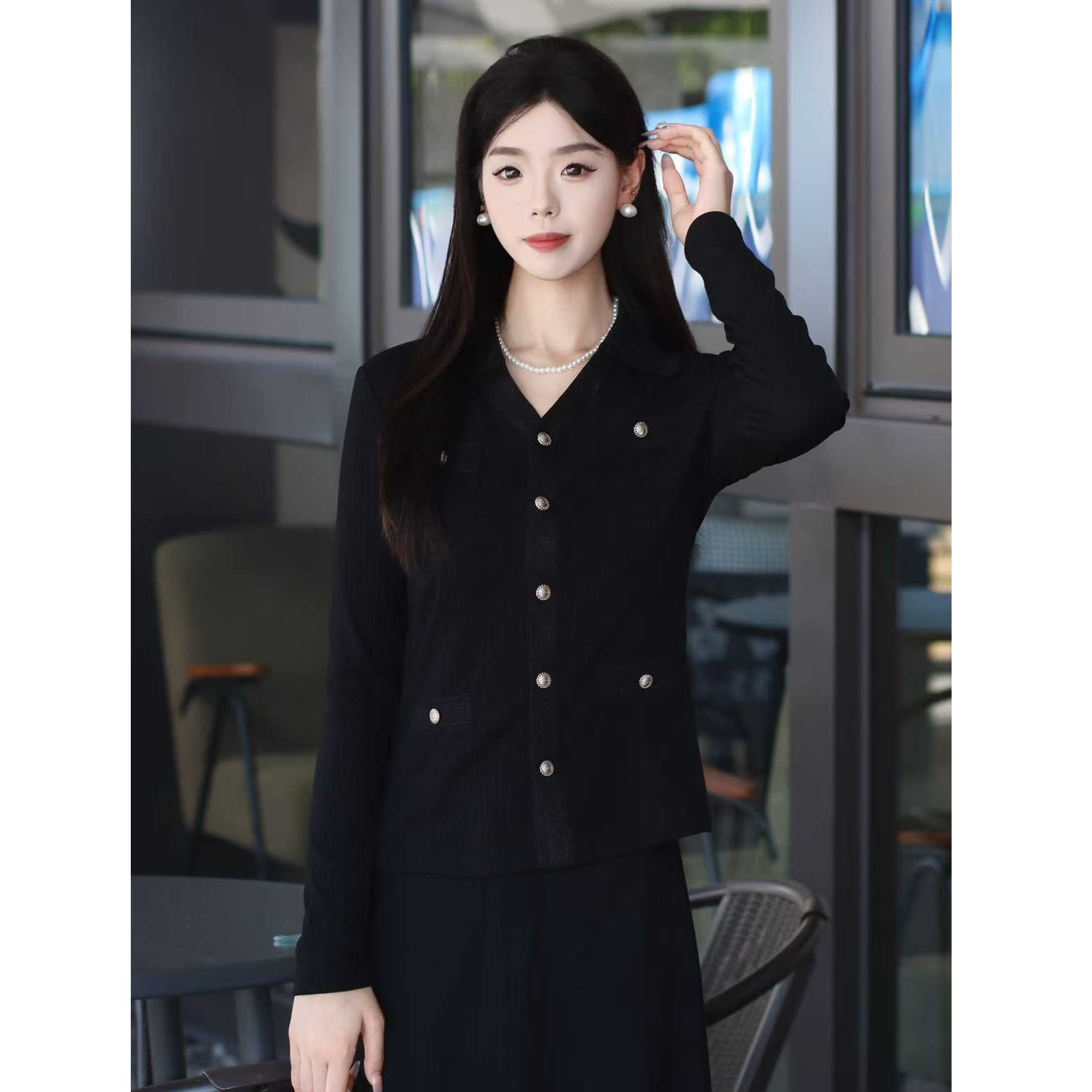 GIRDEAR/哥弟1300952新款百搭时尚舒适显瘦黑色高弹气质长袖衬衫 