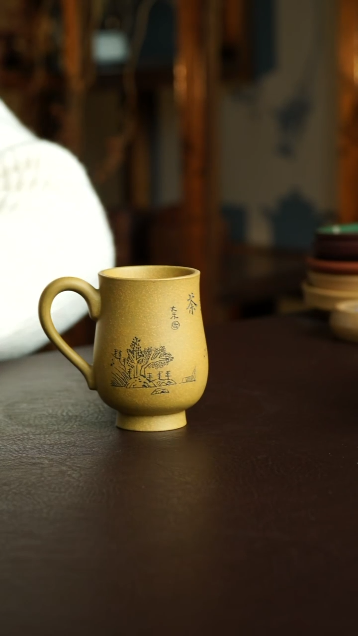 茶杯紫砂25号 黄金段山水把杯 宜兴紫砂原矿作品