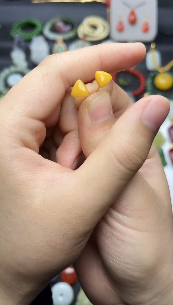 蜜蜡银S925镶嵌耳饰三角耳钉06