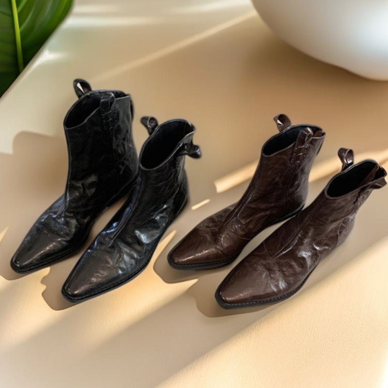 小陈姐专属~尖头短靴女粗跟复古裸靴V口褶皱小众显瘦西部牛仔靴子