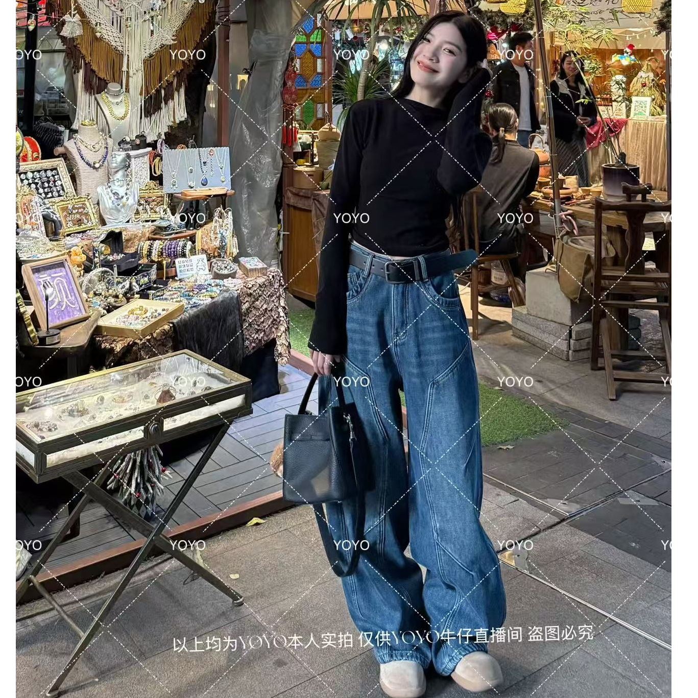 YOYO自制1【解构牛仔蓝】加绒加厚冬款显瘦时尚设计感阔腿拖地裤