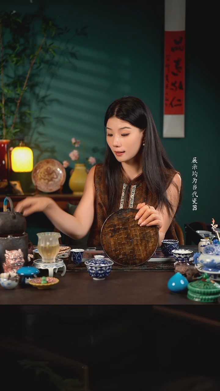 陶瓷周边大漆圆茶盘龙鳞纹有钉直径20