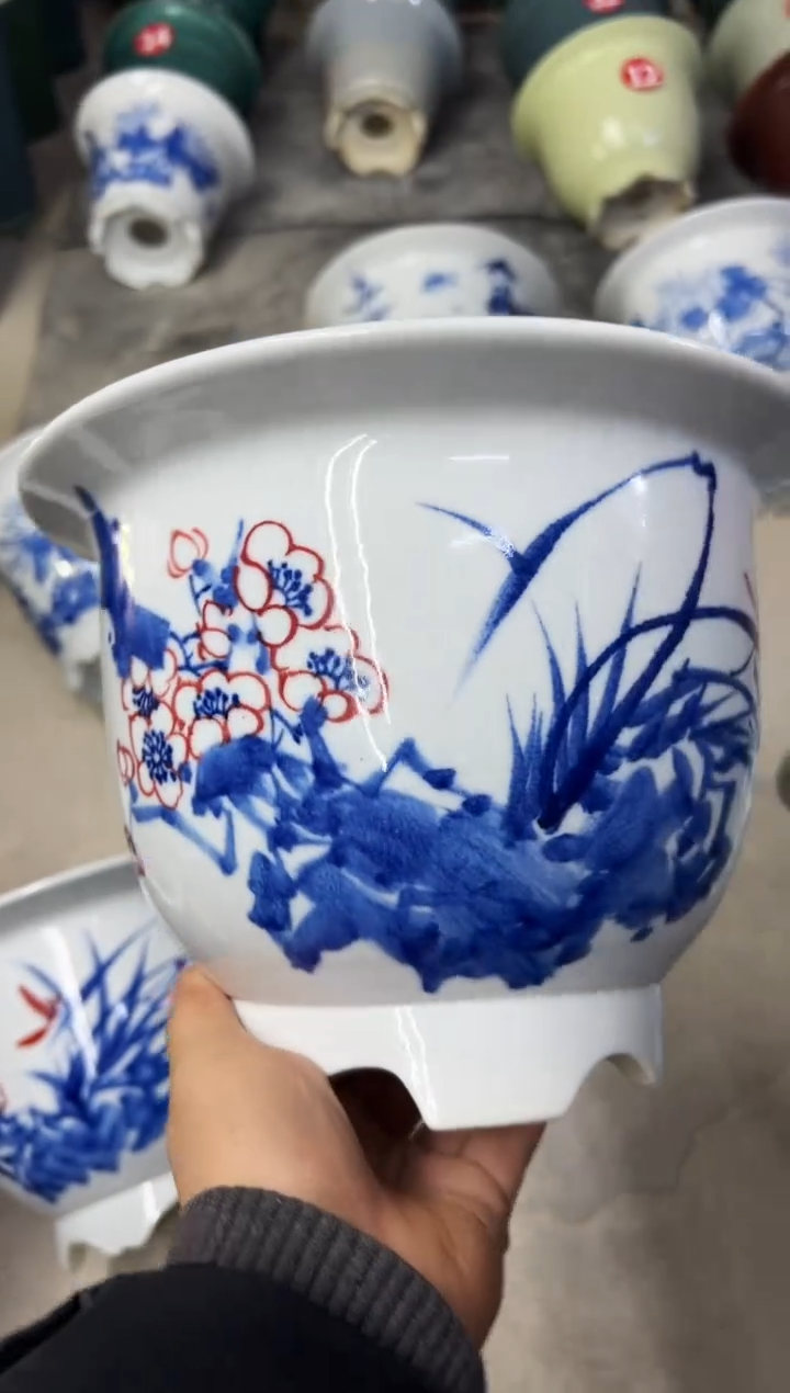 微瑕景德镇青花瓷花盆高17外口23内口18