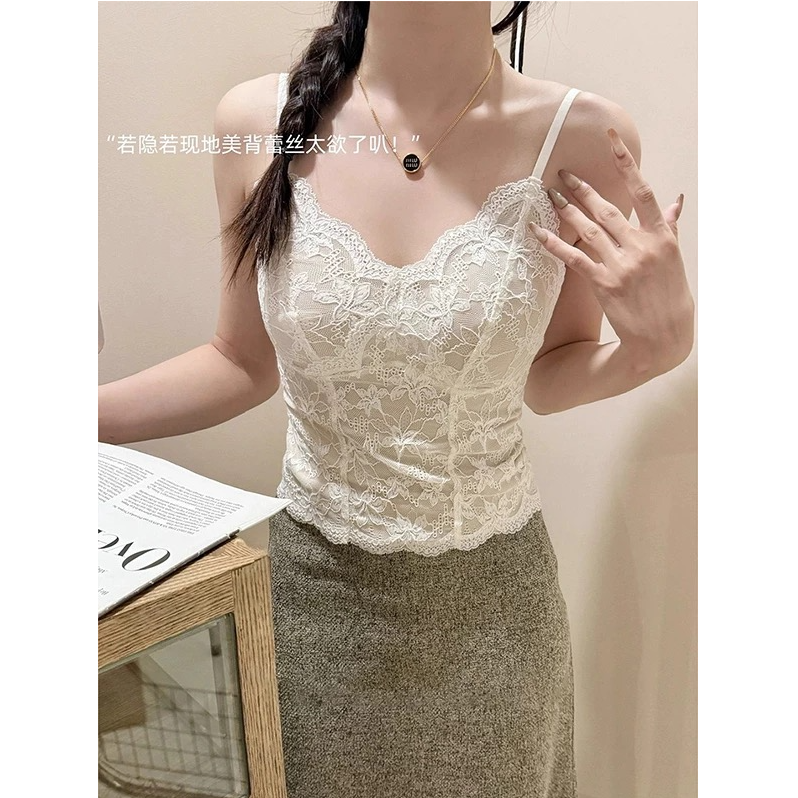 磨毛小吊带背心保暖法式蕾丝美背秋冬绝美内搭带胸垫打底鱼骨上衣