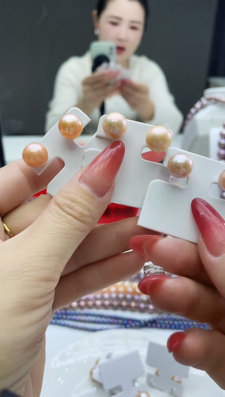 未镶嵌耳饰淡水珍珠中国红色系素钉