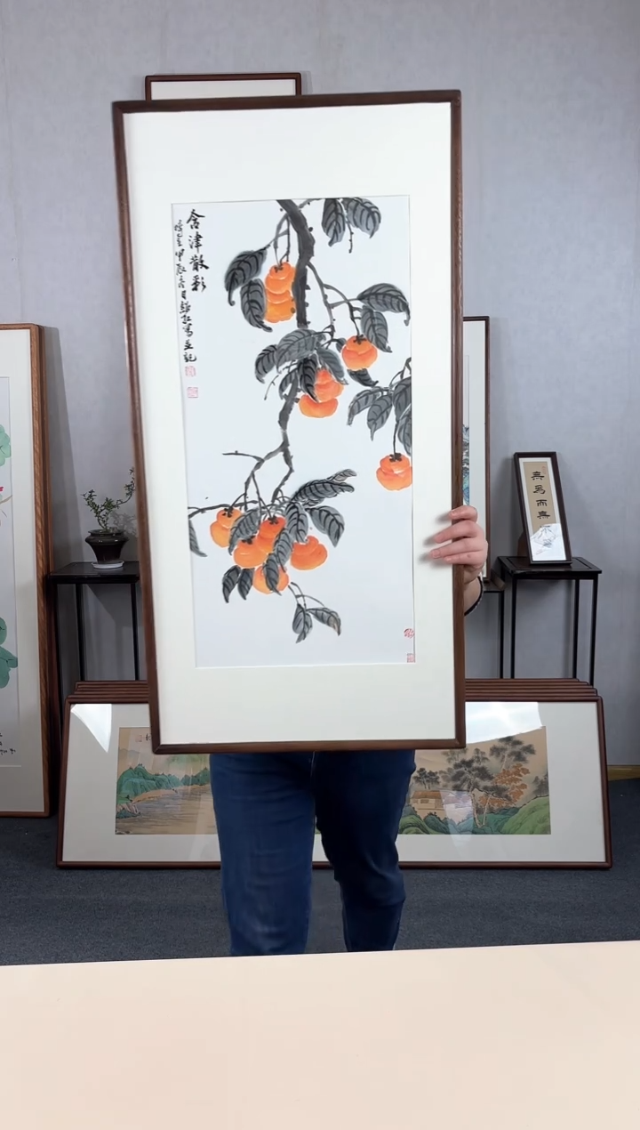 【闪购商品】国画手绘*柿柿如意*47*92cm实木框