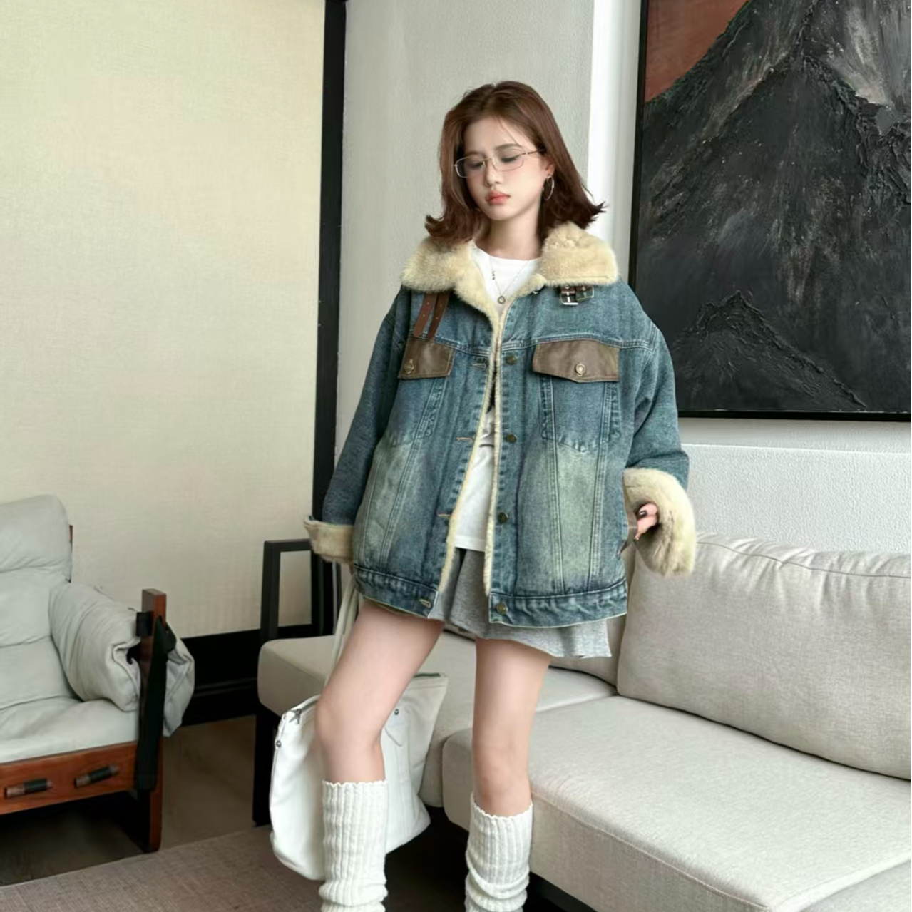 C20加绒加厚短外套复古毛边牛仔夹克百搭连帽短款韩版