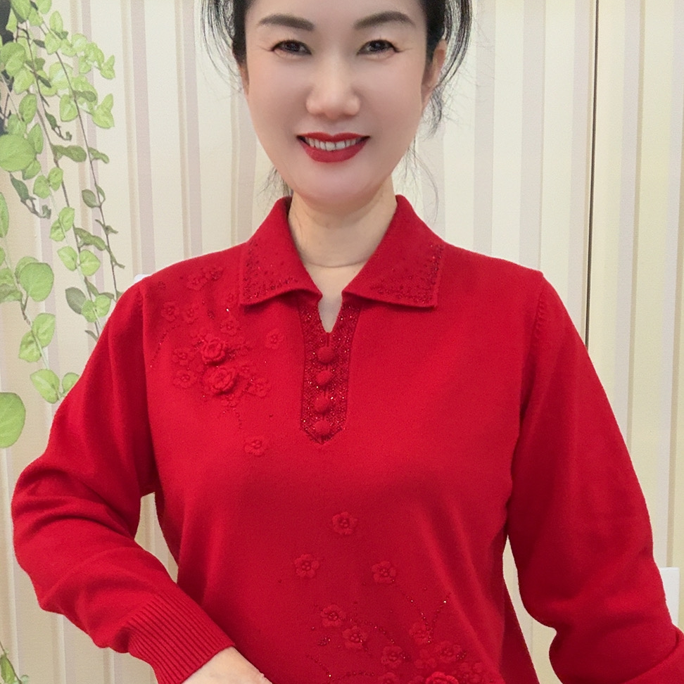 【HS】翻领对角钩花妈妈装针织衫