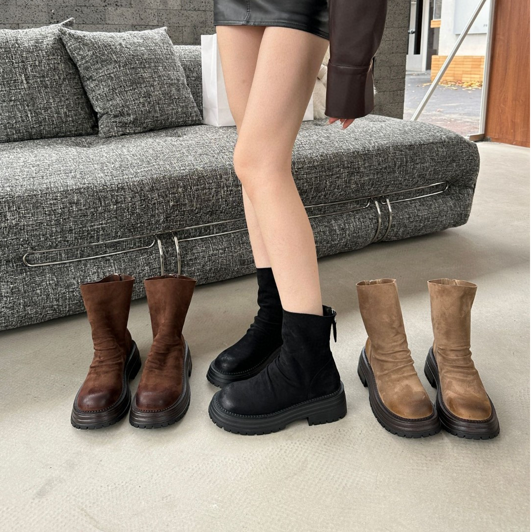 英伦防滑后拉链马丁靴短筒骑士靴秋季百搭中筒筒靴a6862-11