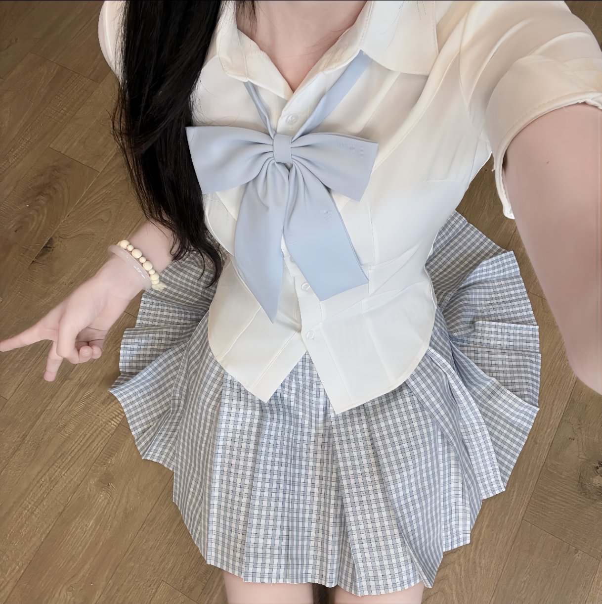 【短袖十件套】夏天季节感白色短袖收腰森系百搭学院风百褶裙套装