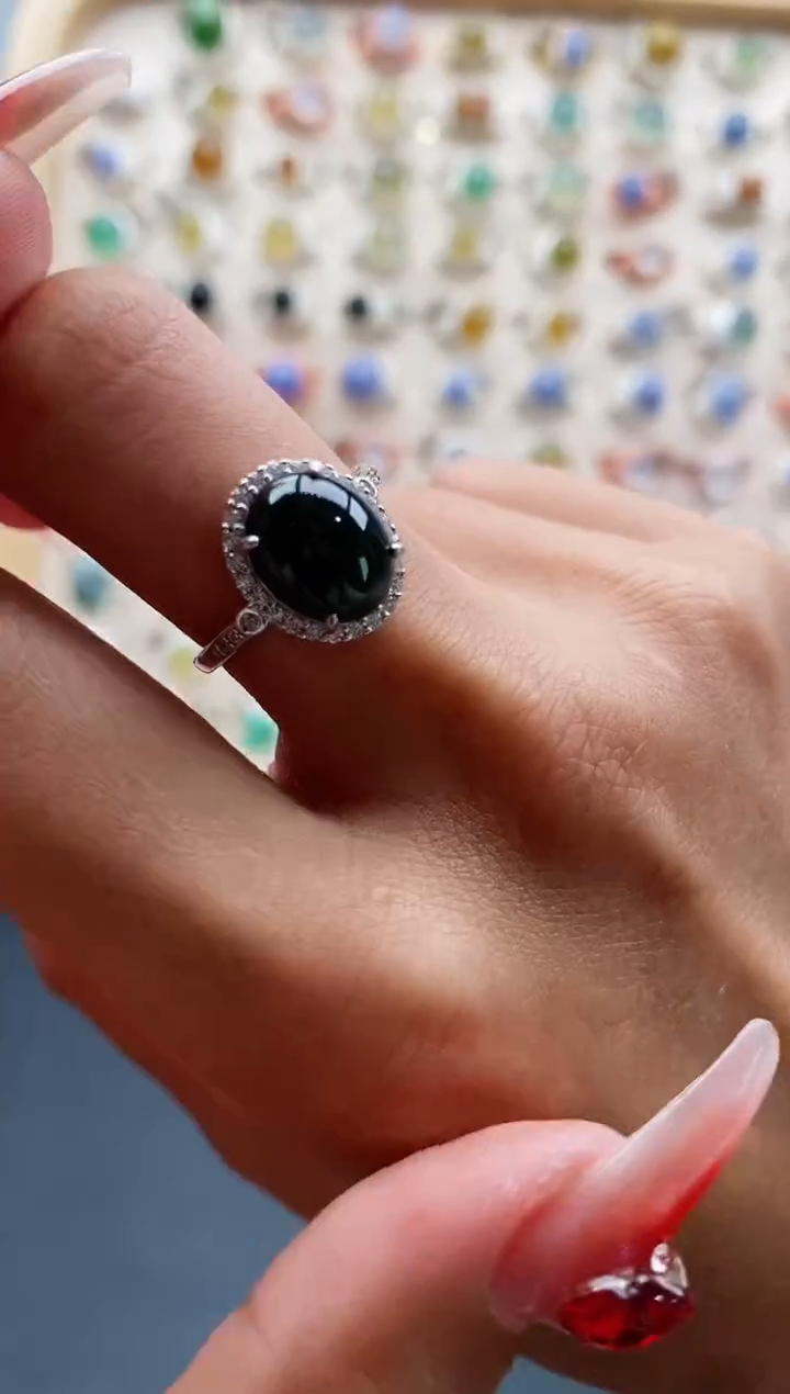 【闪购商品】翡翠戒指银S925镶嵌缅甸天然A货翡翠222 1+10