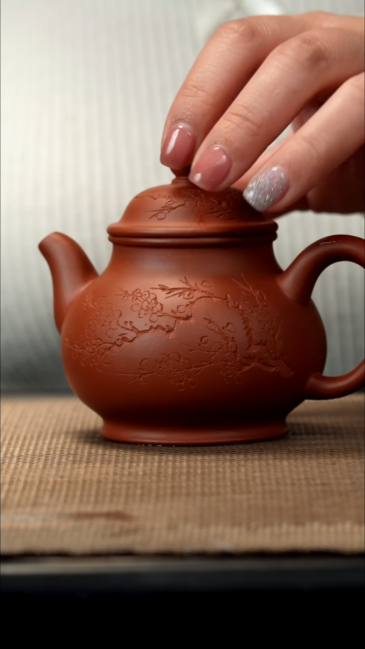 紫砂茶盏红泥刻绘高攀160CC