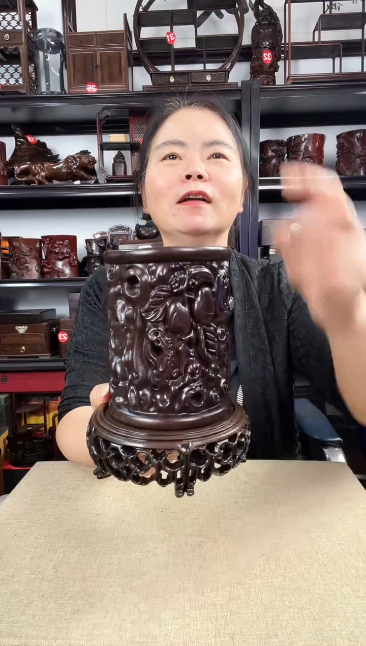 木新款3+寿桃笔筒老李红木工艺品