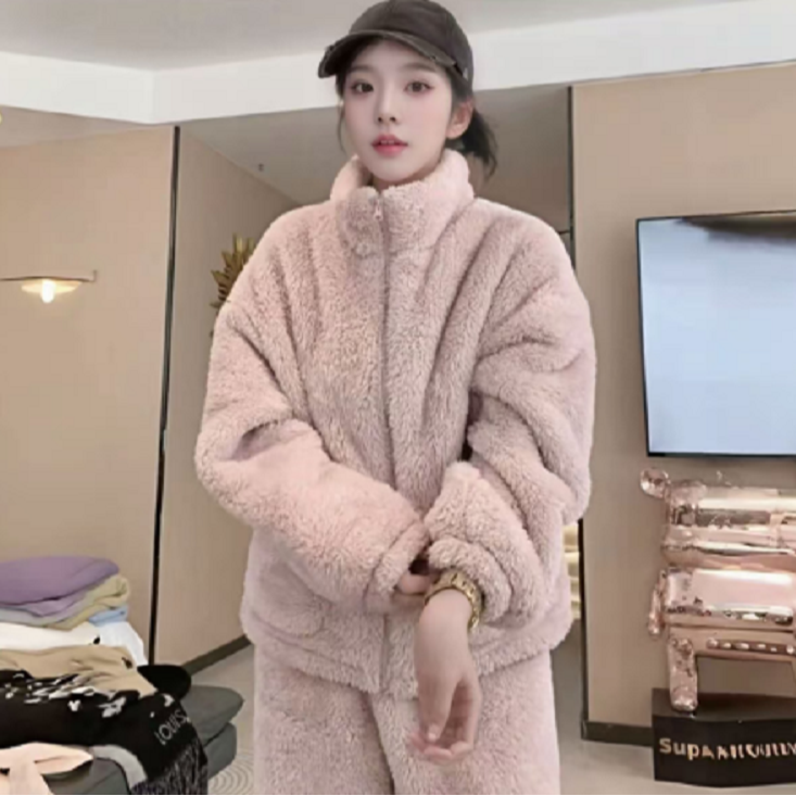【高品质】情侣秋冬立领保暖宽松拉链家居服套装可外穿加绒加厚套装
