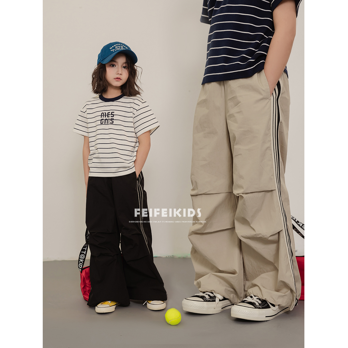 女童裤子工装裤2025春季新款条纹织带长裤百搭童装休闲裤E52G7018