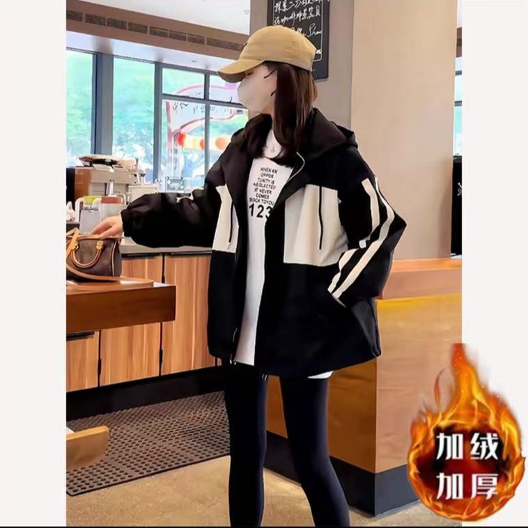 【加绒加厚】2025新款冲锋衣外套宽松撞色女上衣百搭休闲夹克简约款