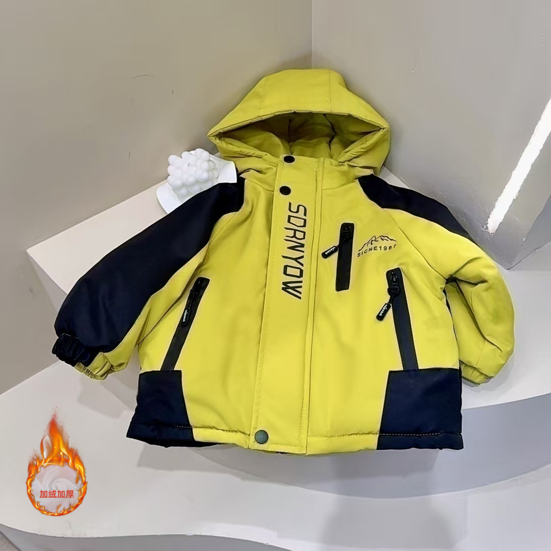儿童冬季加绒加厚仿兔毛棉衣2025新款男童连帽撞色设计款派克服
