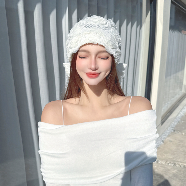 CREAMPP 原创复古多层次肌理网纱玫瑰半透堆堆帽蕾丝蝴蝶结包头帽