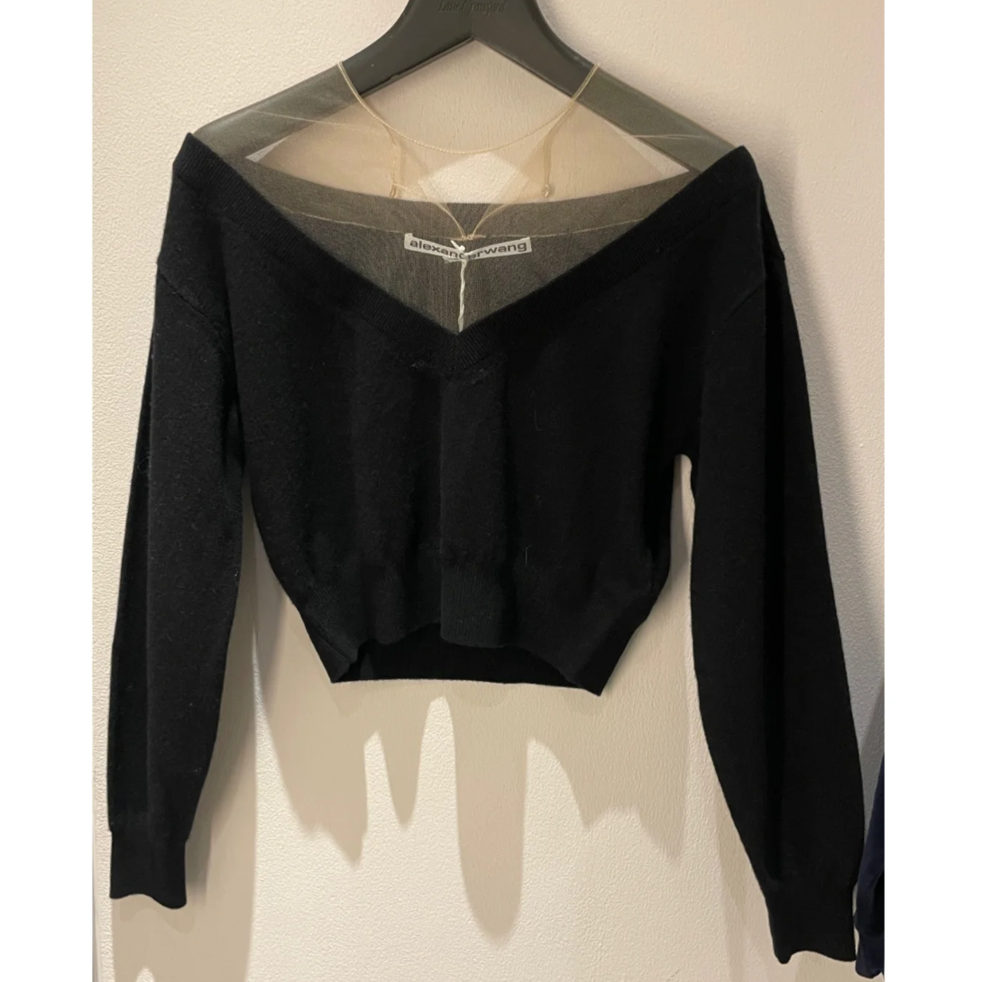 99新 Alexander McQueen/亚历山大·麦昆 透明托肩黑色羊绒衫 xs码