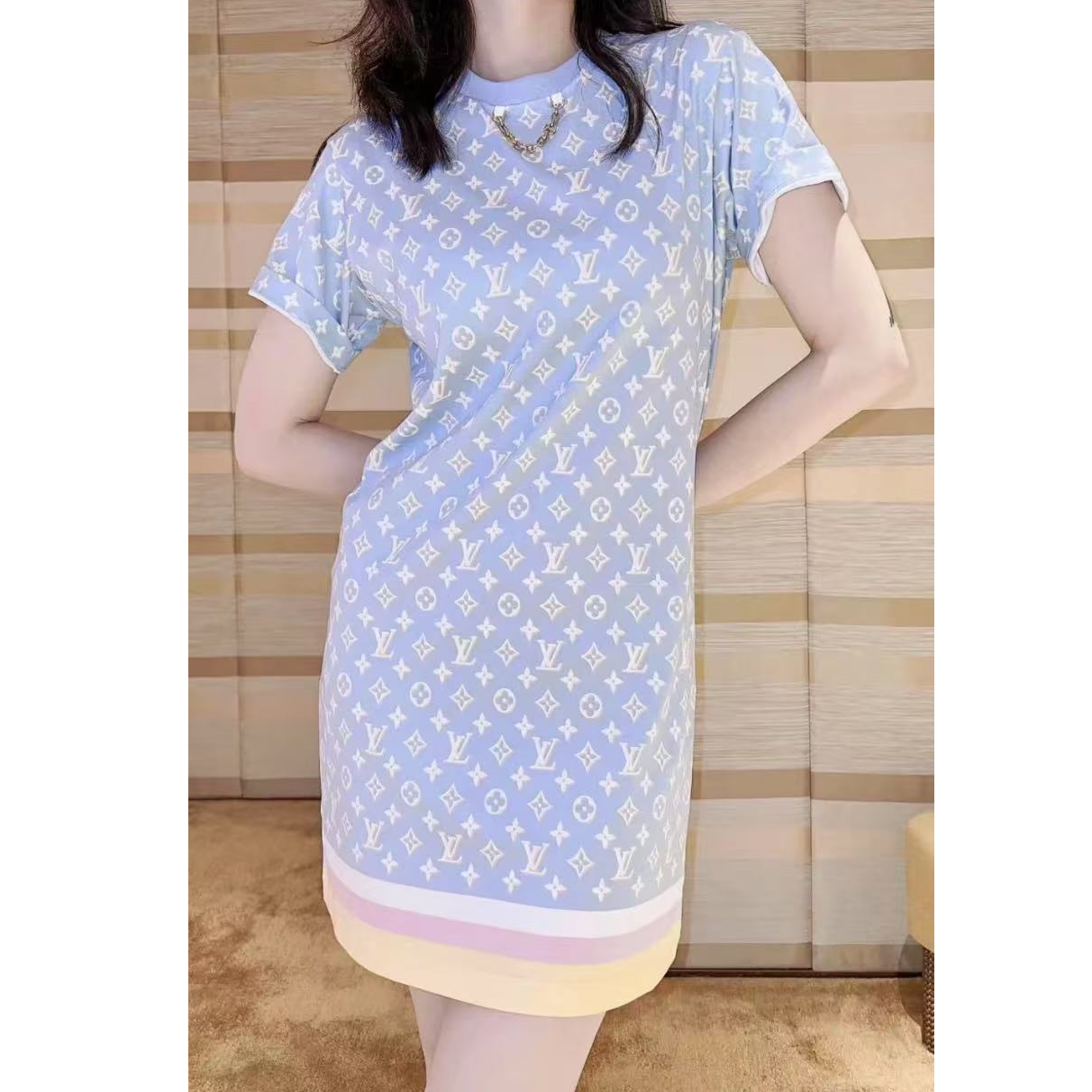 全新未使用 LouisVuitton/路易威登 满印圆领短袖连衣裙/XS/M/L