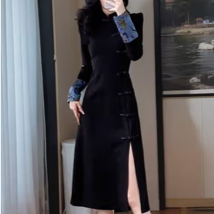 大码女装300斤胖MM新中式复古盘扣刺绣旗袍连衣裙66615