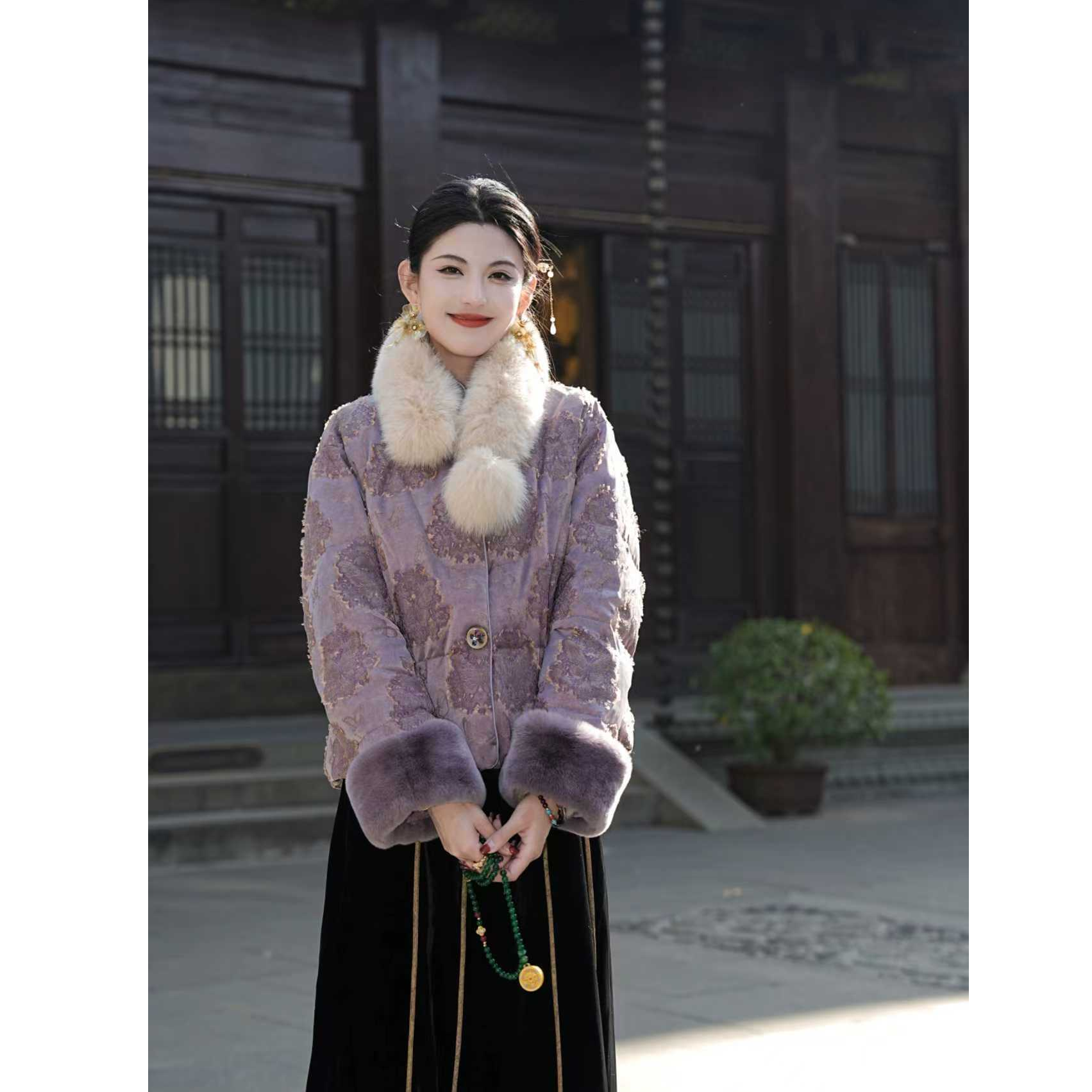 【紫黛】新中式国风90白鸭绒羽绒服拼接獭兔毛女冬季厚外套G8897