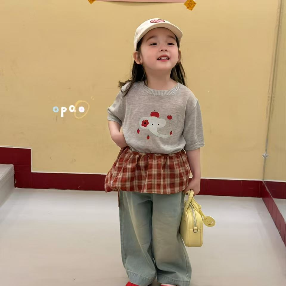 Opao·26春～灰色小象薄针织短袖格子P帘牛仔裤套装1805 6099（汉服）