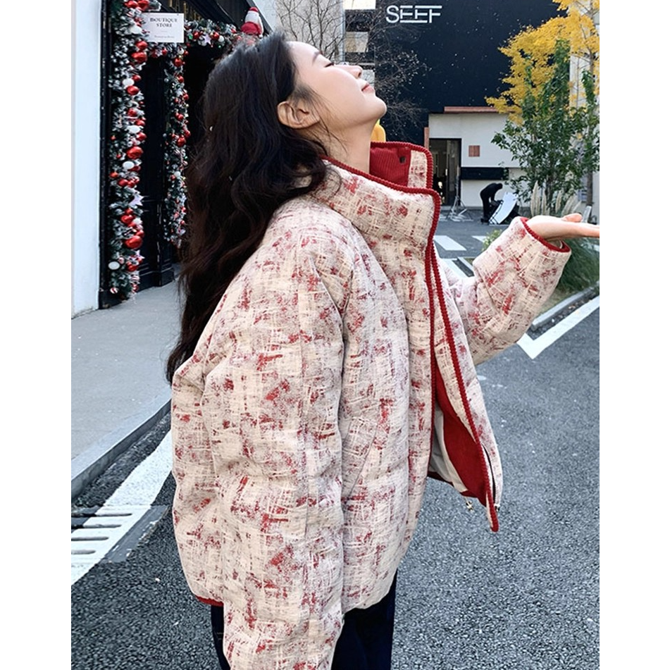 小香风印花立领短款棉服女2025冬季新款学院风甜美减龄面包服外套