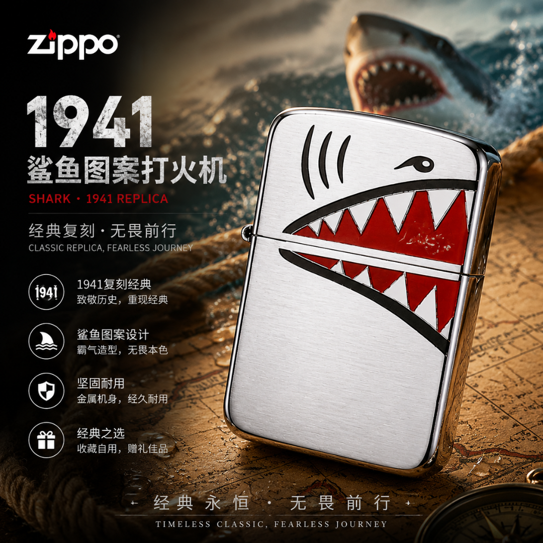 ZIPPO/之宝1941蚀刻填漆鲨鱼嘴X战警zippo送男生实用情人节礼物zp