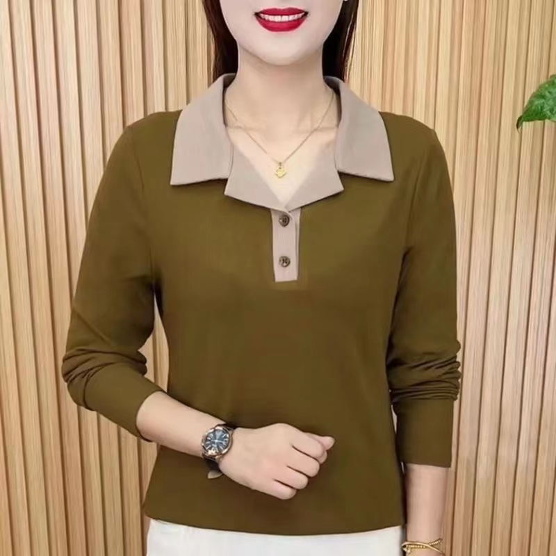 春秋季薄款打底衫女士长袖t恤显瘦洋气时尚百搭翻领减龄气质上衣