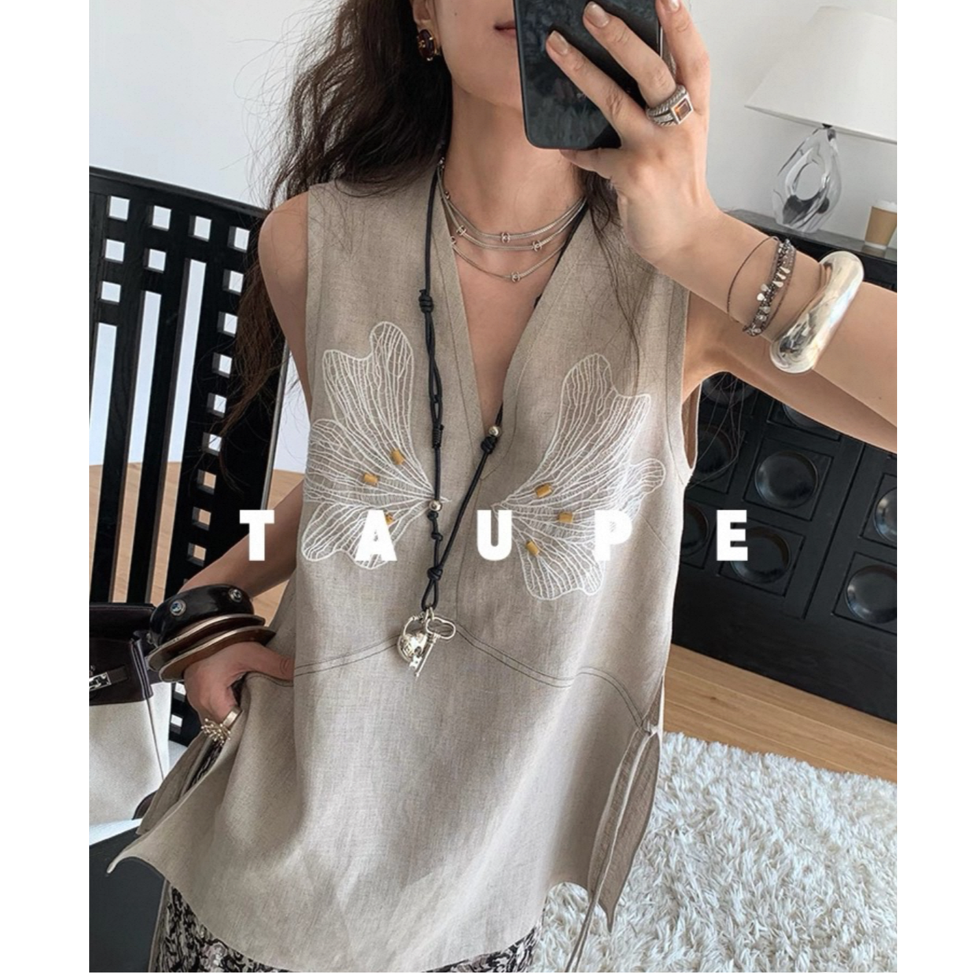 慵懒风女装两件套女高级感刺绣贴花背心V领上衣印花休闲长裤套装
