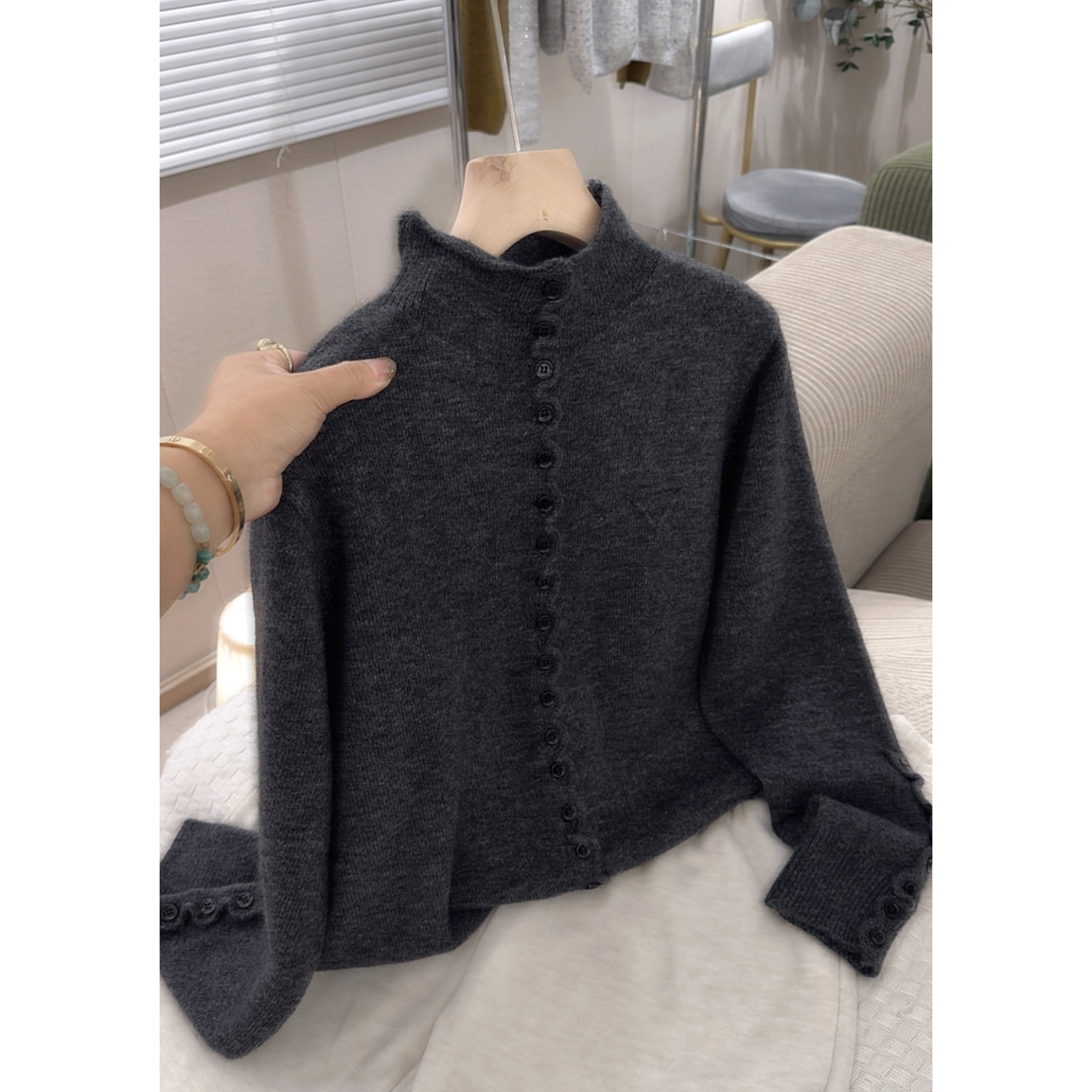 3490【立领多扣设计感开衫】秋季新款宽松毛衣外穿女士气质上衣