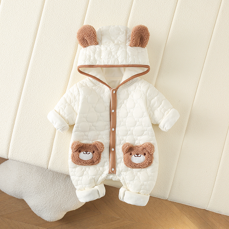 婴儿连体衣秋冬加绒连帽加厚保暖棉服冬季宝宝衣服外出服爬服哈衣