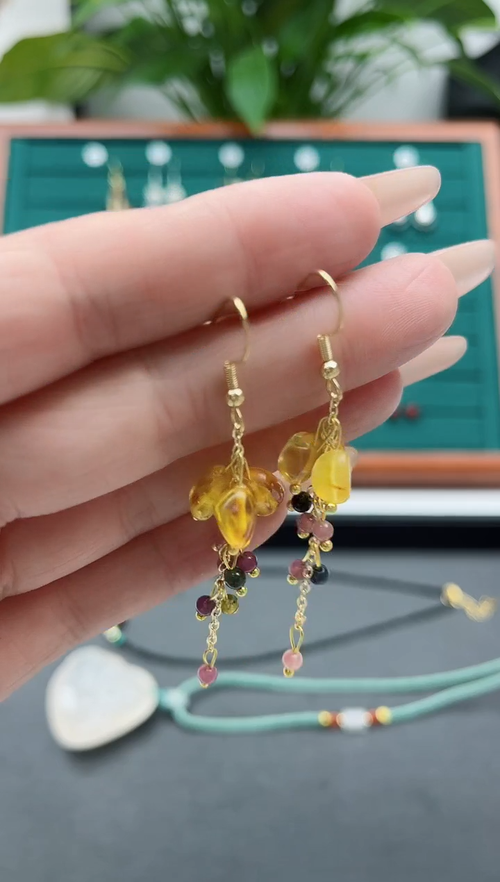 【闪购商品】蜜蜡耳饰银S925镀金镶嵌15蜜蜡