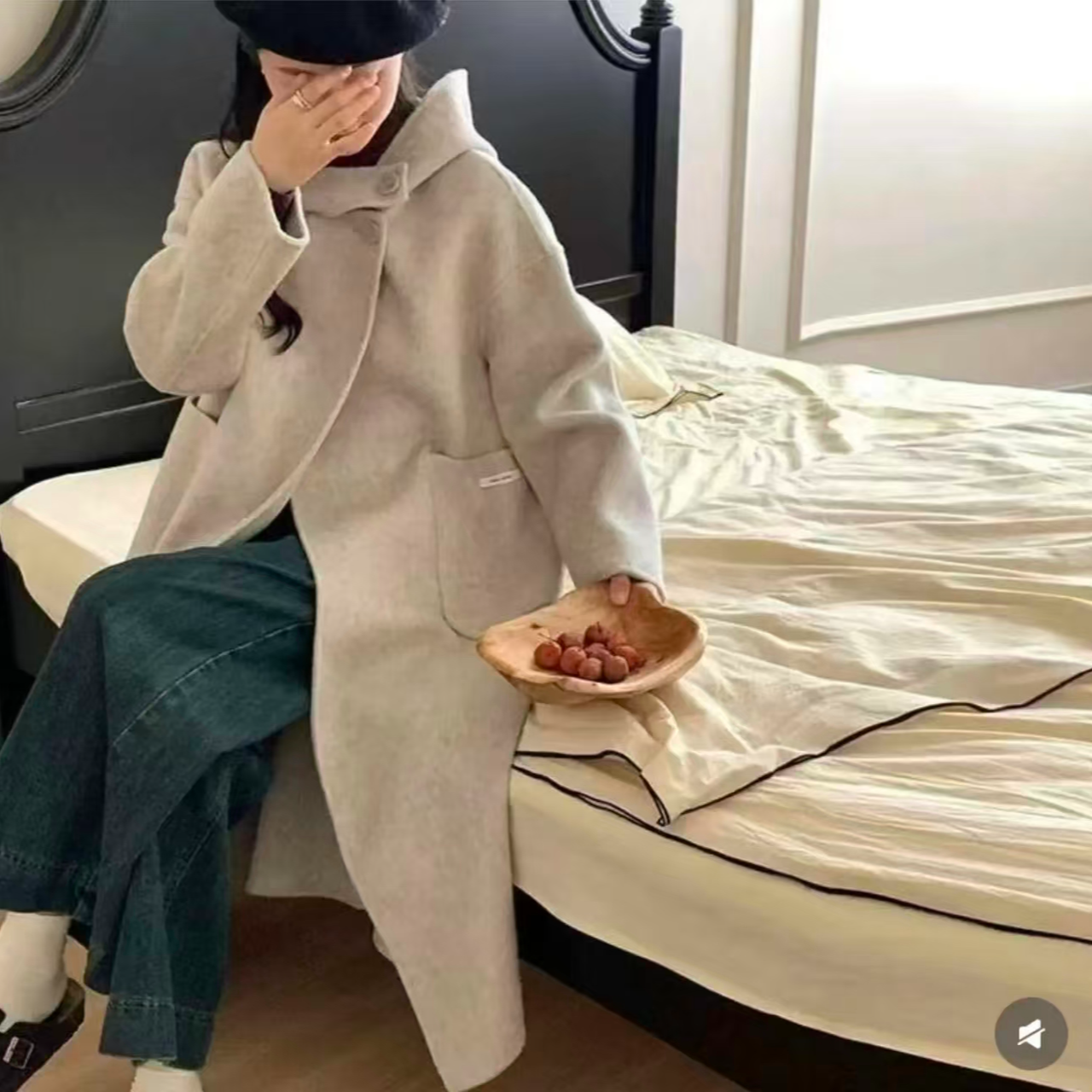 百搭韩版秋冬休闲羊毛双面印花毛呢外套连帽女长袖