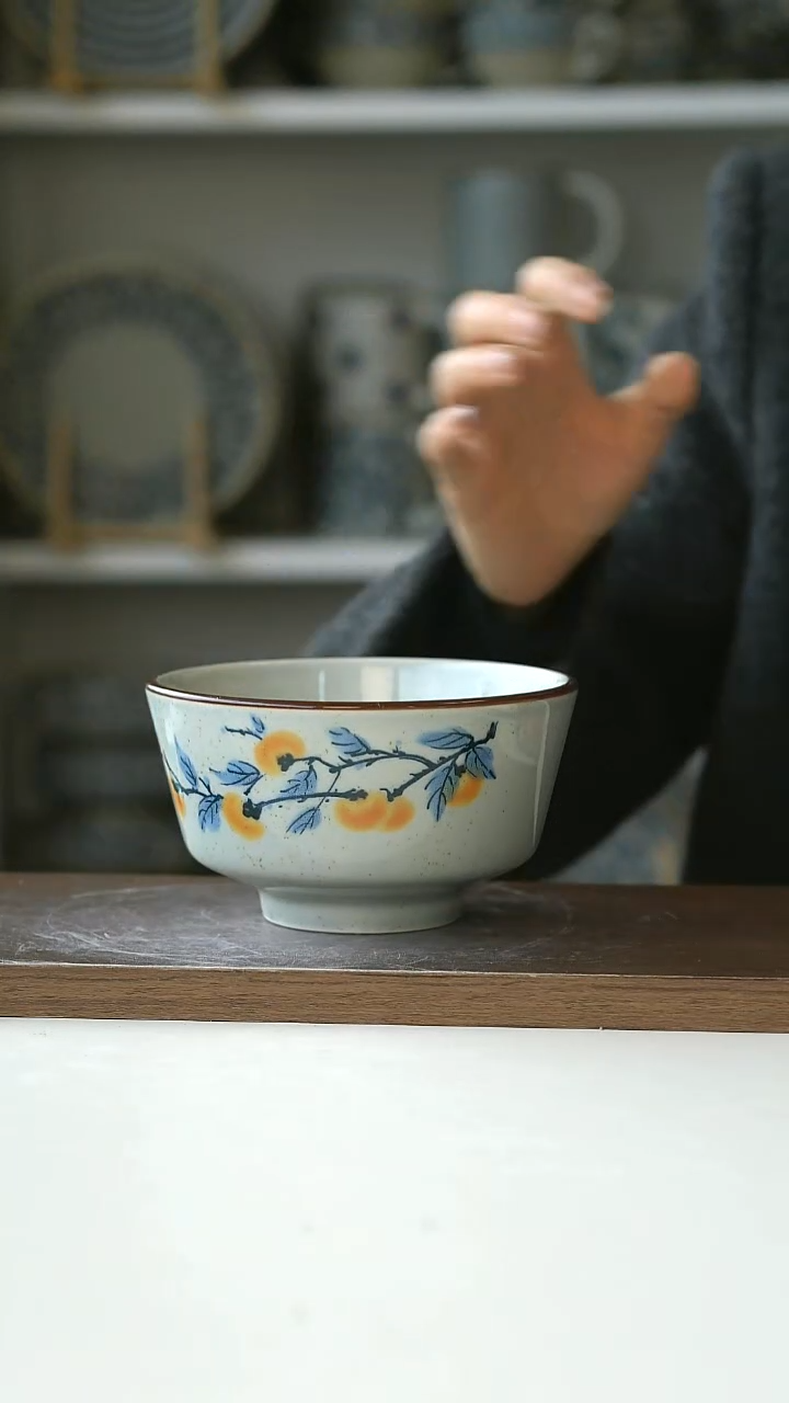 陶中式复古柿柿如意高脚碗12.5cm@4-2@微瑕