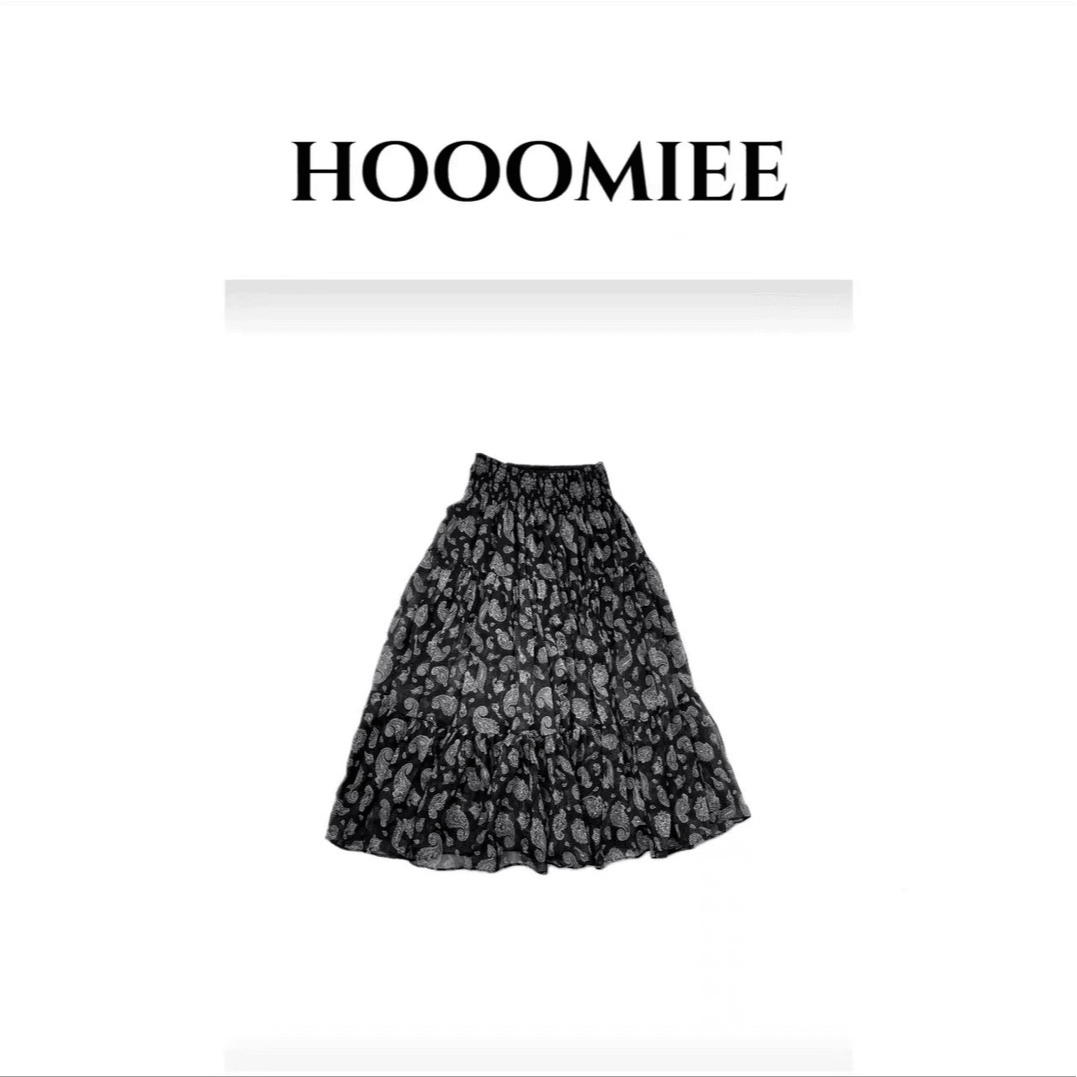 Hooomiee雪纺黑印花典雅气质低腰A字半身裙A66