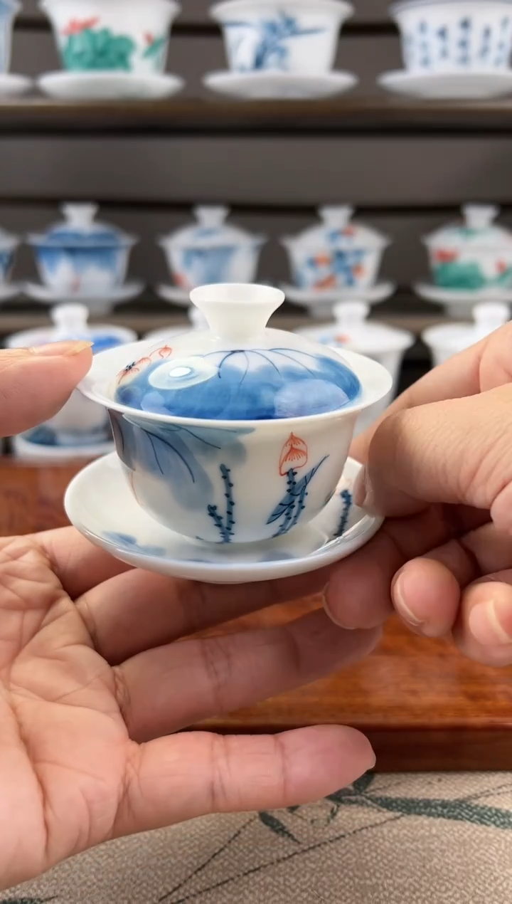 微瑕线条莲80ml三才盖碗