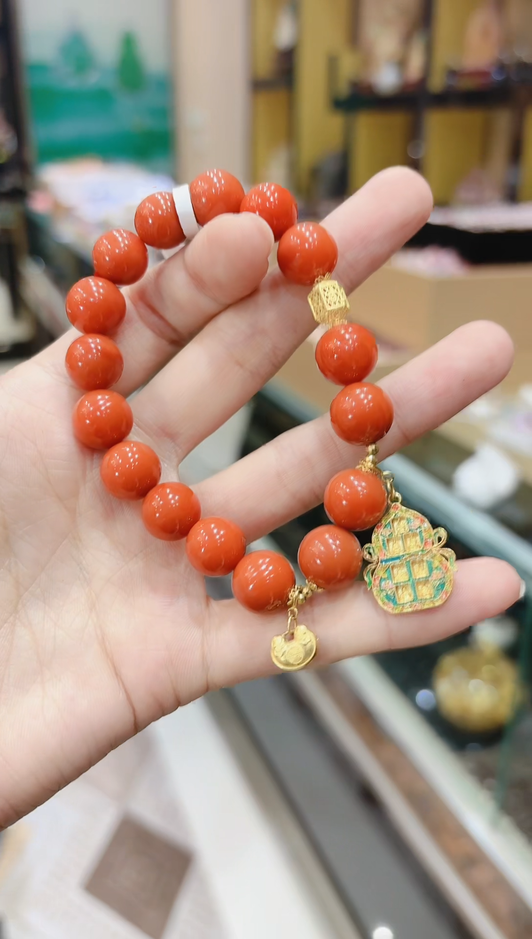 【闪购商品】南红玛瑙手串18K金镶嵌佛家七圣葫芦牌南红手串